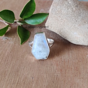 Rainbow Moonstone Ring: 925 Sterling Silver Coffin Band