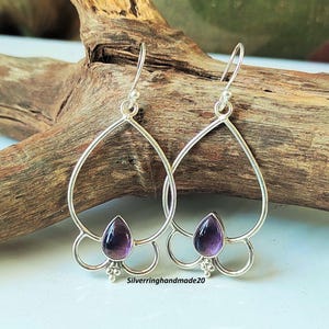 Handmade Pear Amethyst Earrings: 925 Sterling Silver Dangle Jewelry
