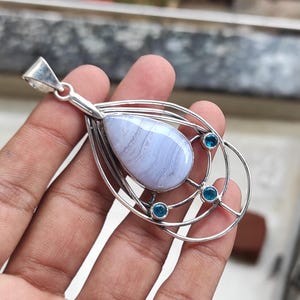 Blauer Spitzen Achat & Blautopas Anhänger, 925 Sterling Silber, Edelstein Anhänger, Designer Anhänger, Großer Anhänger, Handgefertigter Anhänger, Geschenk Anhänger