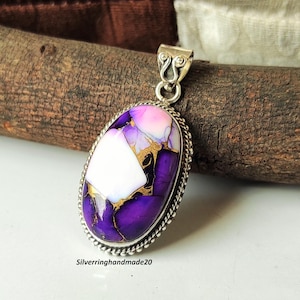 Handmade Violet Copper Turquoise Pendant: 925 Sterling Silver