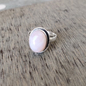 Pink Opal Sterling Silver Ring: Oval Boho Gemstone Band