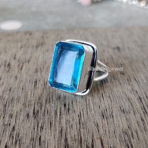 Blue Topaz Ring: Rectangle Gemstone, 925 Sterling Silver Band