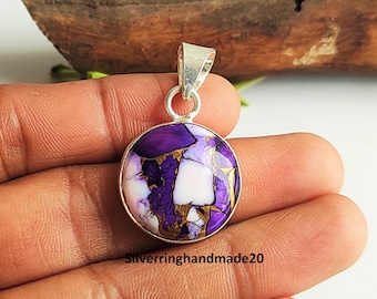 Handmade Violet Copper Turquoise Pendant, 925 Sterling Silver, Gifts For Love