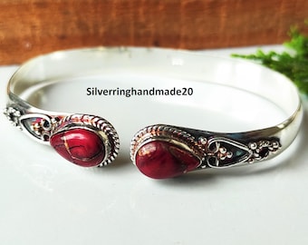 Red Rose Dahlia Turquoise Bangle, 925 Sterling Silver, Adjustable Gemstone Jewelry
