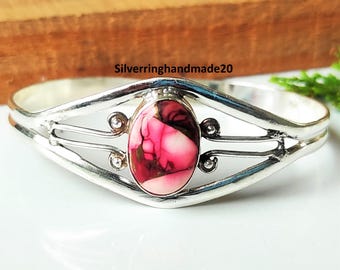 Red Rose Dahlia Turquoise Bangle, 925 Sterling Silver, Handmade Adjustable Jewelry