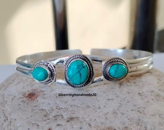 Handgefertigter Türkis Sterling Silber Armreif: Verstellbare Edelstein-Manschette
