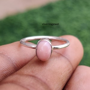 Oval Pink Opal Ring: 925 Sterling Silver Band Ring