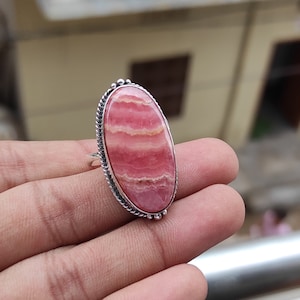 Handmade Rhodochrosite Ring: 925 Sterling Silver Band, Pink Gemstone