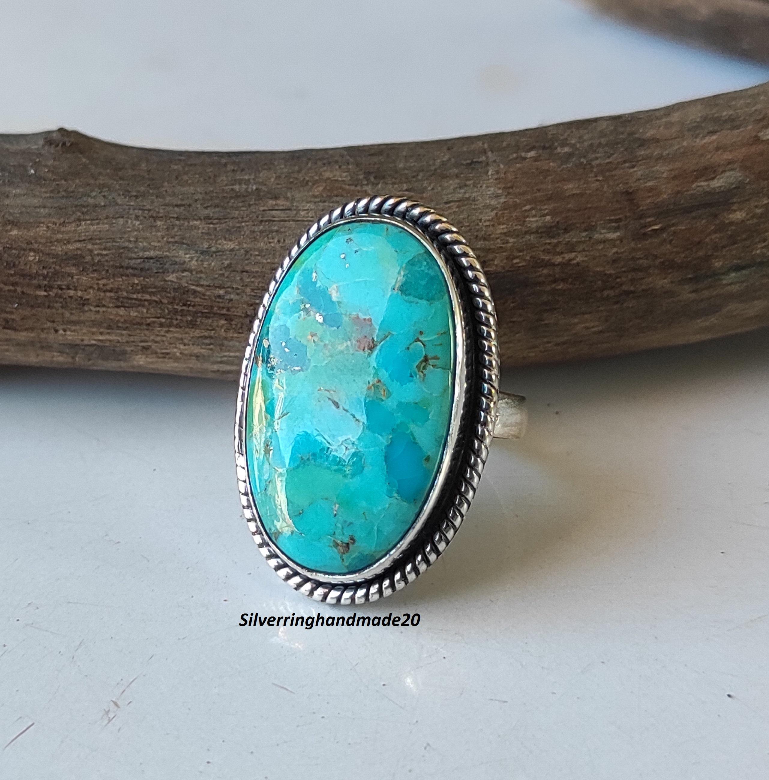 Handmade Oval Mohave Turquoise Ring: 925 Sterling Silver Boho Band