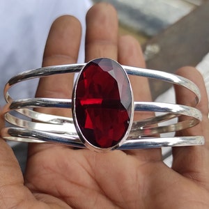 Handmade Garnet Bangle: 925 Sterling Silver Adjustable Boho Gemstone Bangle