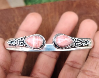 Rhodochrosite Bangle: Handmade 925 Sterling Silver Adjustable Gemstone Bracelet