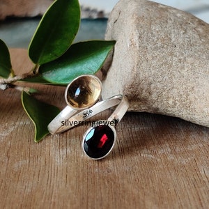 Garnet and Citrine Ring: 925 Sterling Silver Adjustable Boho Ring