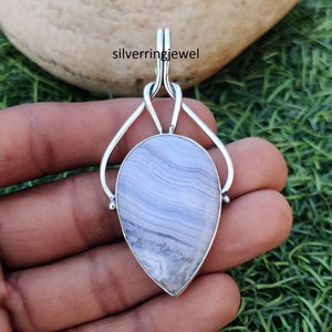 Natürlicher blauer Achat Anhänger* 925 Sterling Silber Anhänger*Blauer Achat Schmuck* Edelstein Anhänger