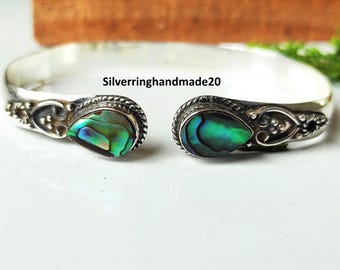 Handmade Abalone Shell Bangle,925 Sterling Silver, Adjustable Gemstone Jewelry