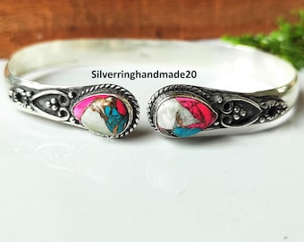 Handmade Cotton Candy Turquoise Bangle, 925 Sterling Silver, Adjustable Jewelry