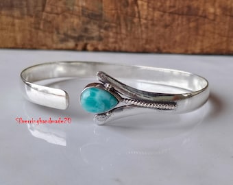 Handmade Larimar Bangle: Adjustable Sterling Silver Boho Jewelry