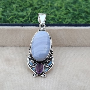 Natürlicher blauer Spitze Anhänger* 925 Sterling Silber Anhänger*Blaue Spitze Achat Schmuck* Edelstein Anhänger* Geschenk für sie