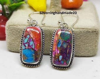Handmade Pink Copper Turquoise Earring,  925 Sterling Silver, Gemstone Jewelry