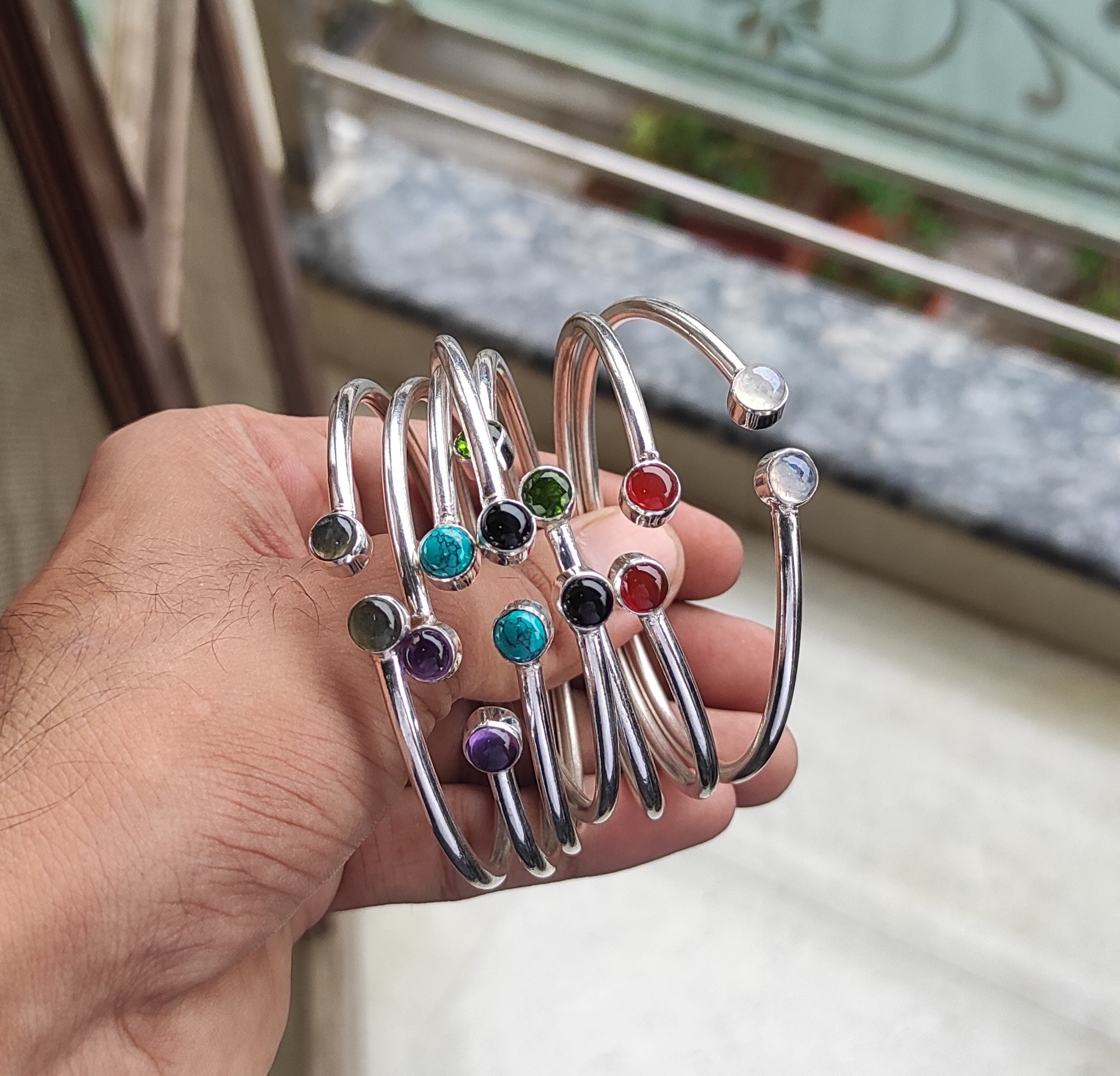 Edelstein Silber Armreifen Set: Handgefertigte 925 Sterling Silber Armreifen
