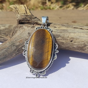 Handmade Tiger&#39;s Eye Pendant: 925 Sterling Silver Gemstone