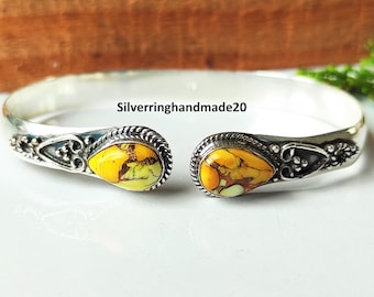 Handmade Honey Rose Dahlia Bangle, 925 Sterling Silver, Gemstone Statement Jewelry