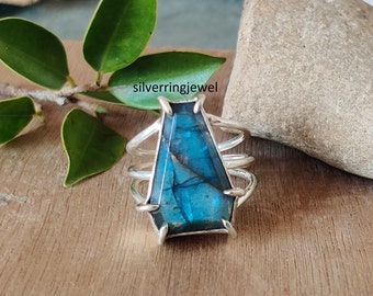 Coffin Labradorite Ring: Handmade 925 Sterling Silver Band