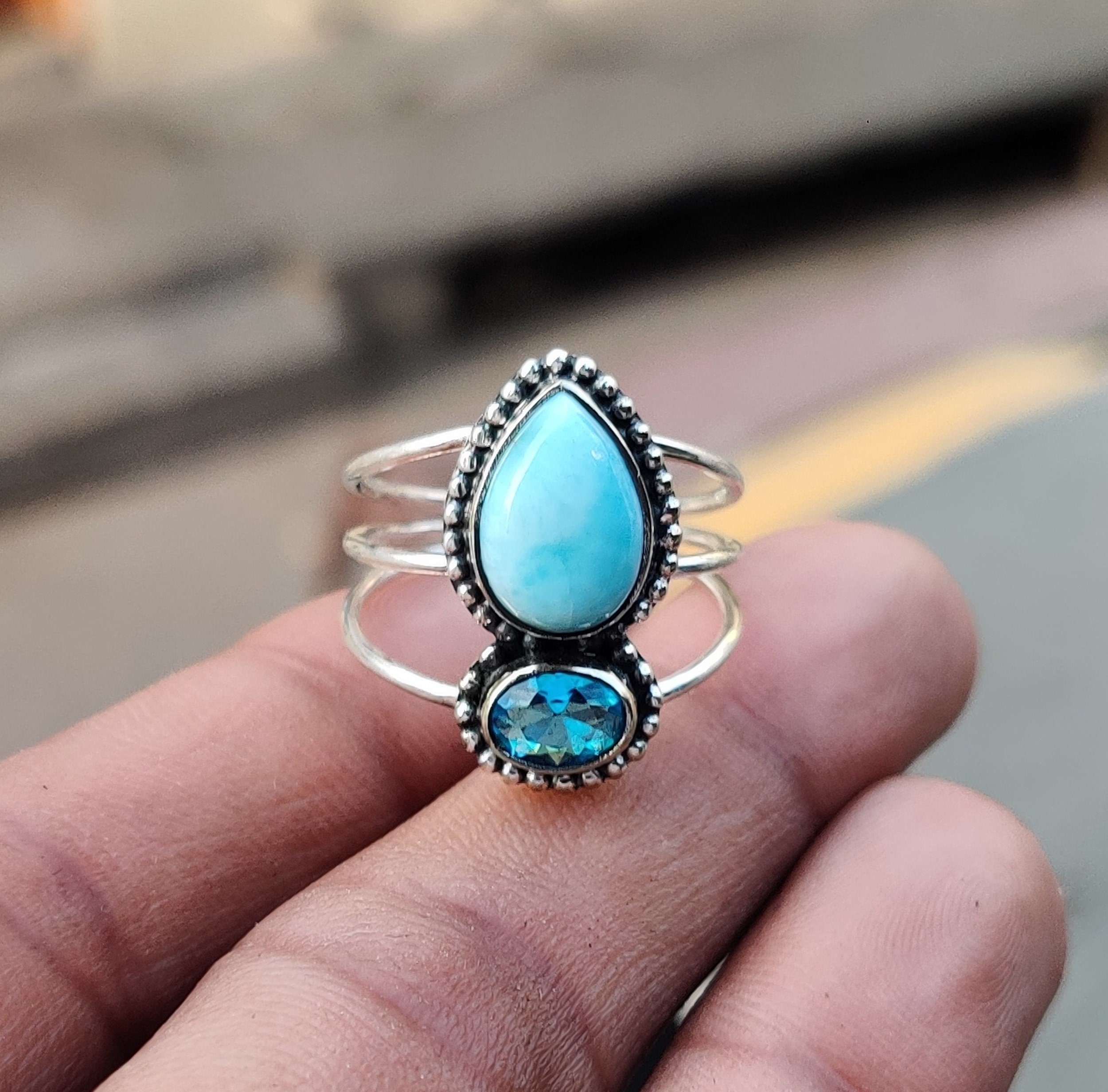 ラリマー＆ブルートパーズリング：ハンドメイド925スターリング
