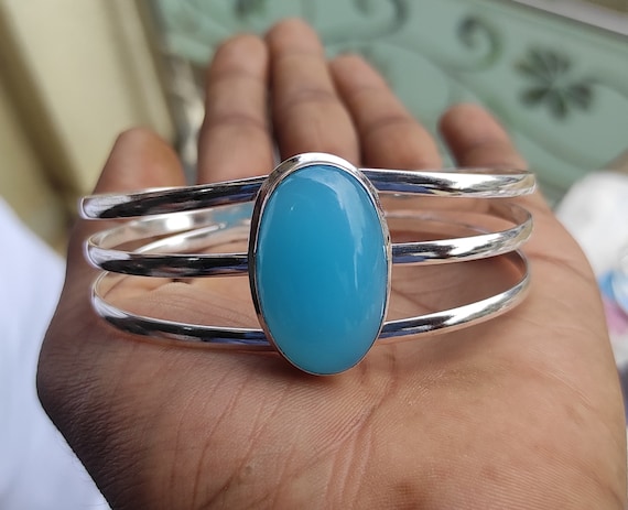 Handmade Blue Chalcedony Bangle: 925 Sterling Silver Adjustable Boho Bangle