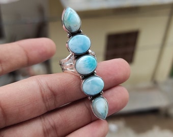 Handmade Five Stone Larimar Ring: 925 Sterling Silver Band