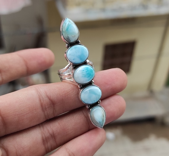 ハンドメイド ラリマーシルバーリング ハンドメイドの5石ラリマー