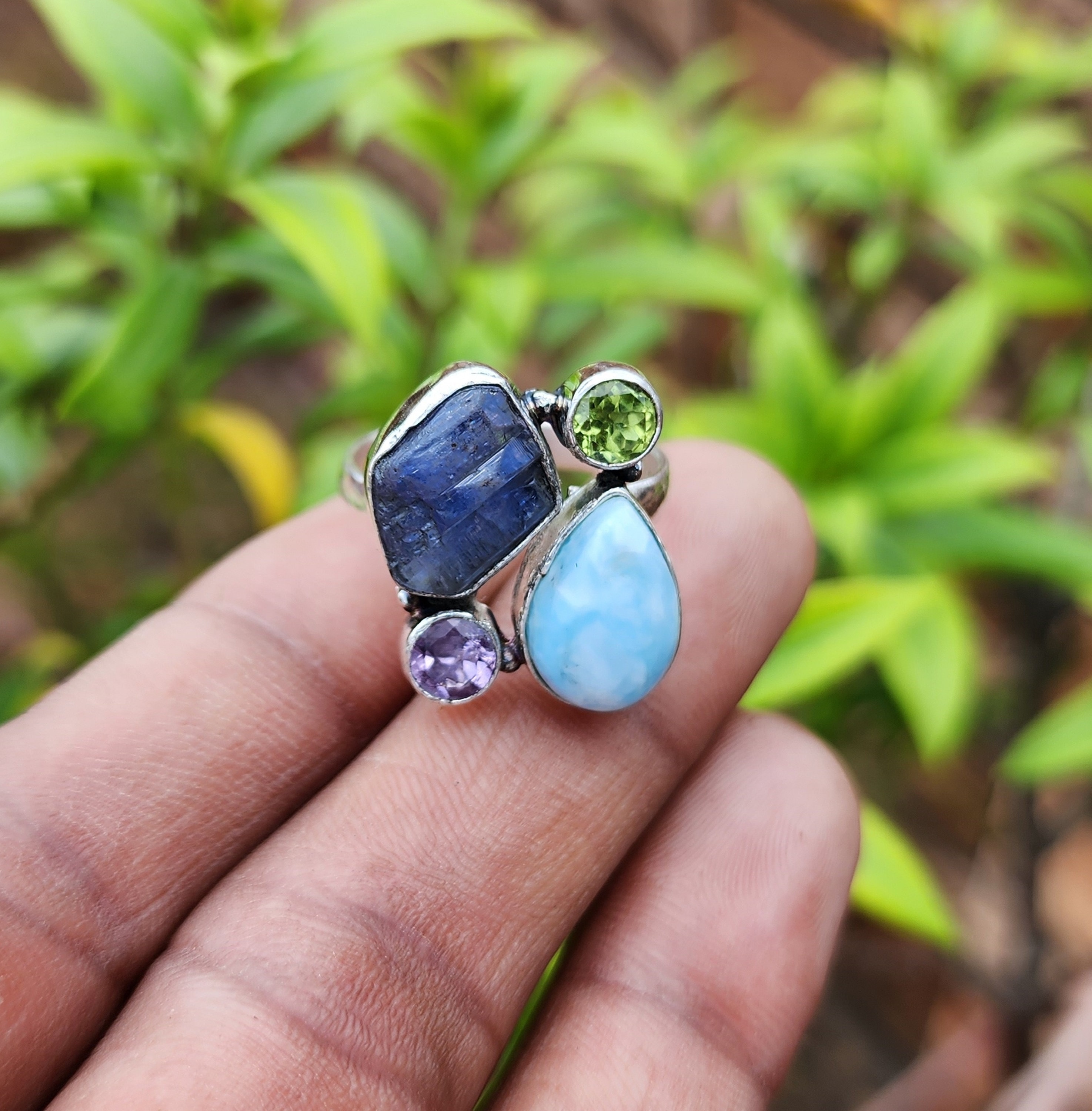 Raw Gemstone Ring: Tanzanite, Larimar, Peridot & Amethyst, Sterling Silver