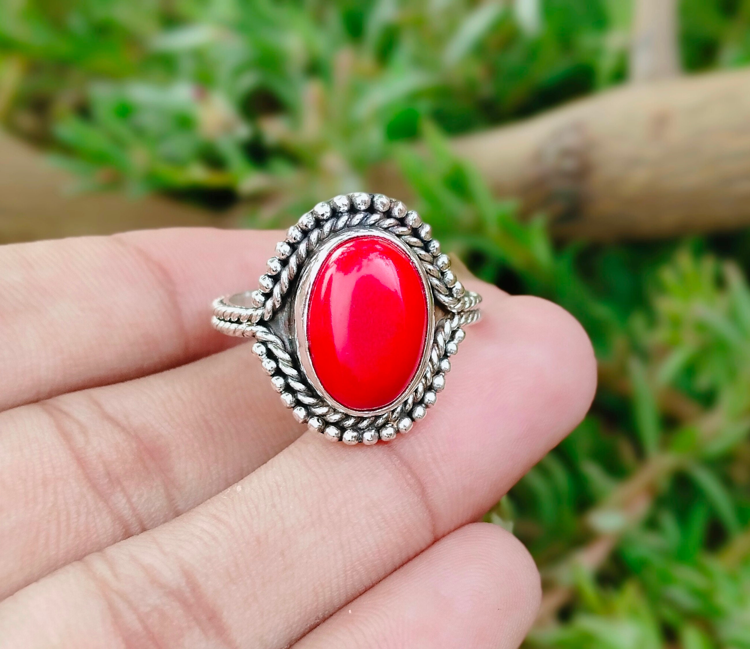 coral ring silver 925 コーラルリング Handmade Coral Ring: 925 Sterling Silver Gemstone Ring - Etsy