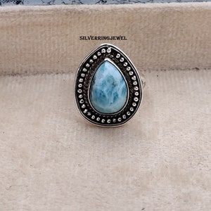 Handmade Pear Larimar Ring: 925 Sterling Silver Spinner Band