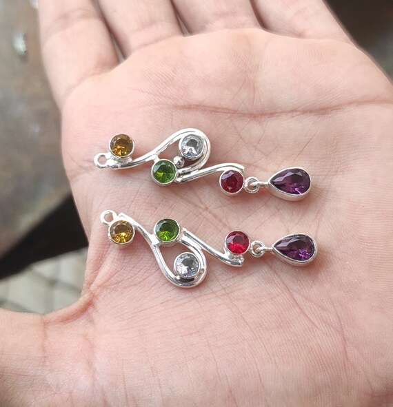 Orecchini Lunghi In Argento 925 Con Pietre Colorate – Peridoto, Granato, Iolite, Citrino E Quarzo Rosa – Delicati Pendenti A Foglia – Lunghi 9 Cm - 2