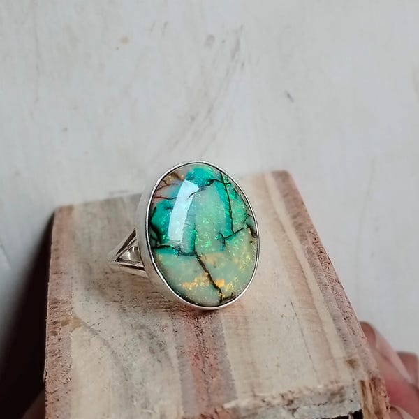 Bague opale monarque faite main : anneau bohème en argent sterling 925