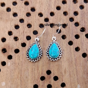 Handmade Turquoise Drop Earrings: 925 Sterling Silver Gemstone Jewelry