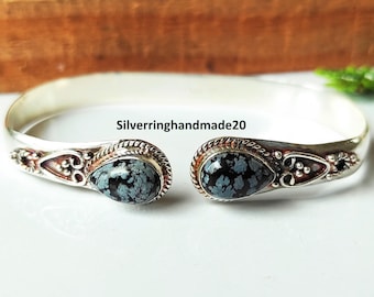 Handmade Snowflake Obsidian Gemstone Bangle, 925 Sterling Silver, Adjustable Jewelry