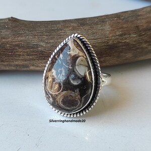 Handmade Pear-Shaped Turritella Agate Ring, 925 Sterling Silver Band