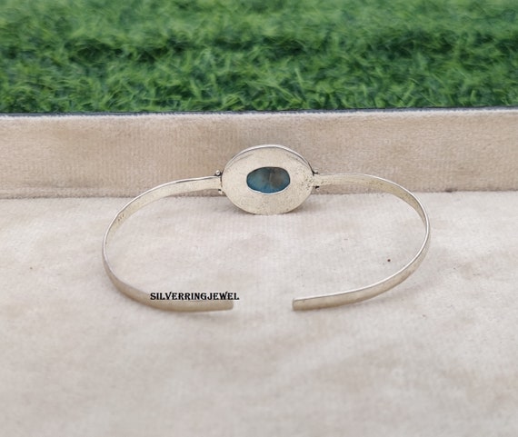 Larimar Gemstone Bangle: Oval Sterling Silver Adjustable Bracelet