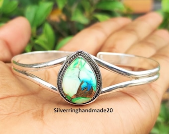 Peacock Dahlia Turquoise Bangle: Handmade 925 Sterling Silver