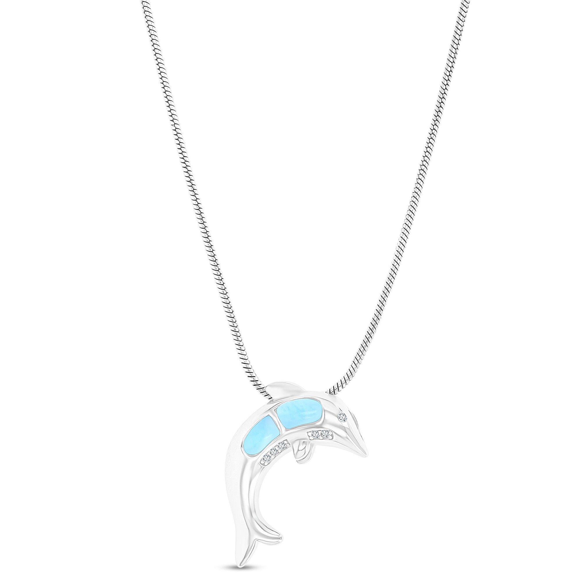 Sterling Silver Rhodium Larimar & Cubic Zirconia Dolphin 22" Round Snake Adjustable Necklace