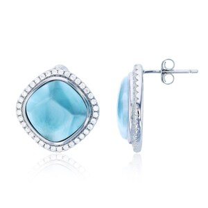 Sterling Silver Rhodium Larimar & Cubic Zirconia Cushion Stud Earring
