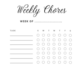 May include: A printable weekly chore checklist with a black and white design. The checklist includes a section for tasks and a section for notes. The days of the week are listed across the top of the checklist, and there are circles next to each day for checking off tasks.