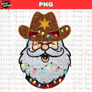 May include: A digital illustration of a Santa Claus wearing a brown cowboy hat with a gold star and a silver glitter beard. The hat and beard are decorated with colorful Christmas lights.