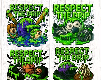 Könnte beinhalten: Ein digitales Kunstpaket mit dem Text "RESPECT THE DRIP" in Grün, das Sportgeräte zeigt, die mit grünem Schleim bedeckt sind. Enthält einen Baseball, einen Football, einen Basketball, einen Fußball und einen Baseballhelm.