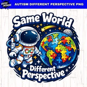 Op de afbeelding: Een digitale illustratie met een astronaut in een ruimtepak met een oneindigheidssymbool op de borst, naast een wereldbol gemaakt van puzzelstukjes. De woorden "Same World" en "Different Perspective" staan in witte tekst, omringd door sterren en een maan.