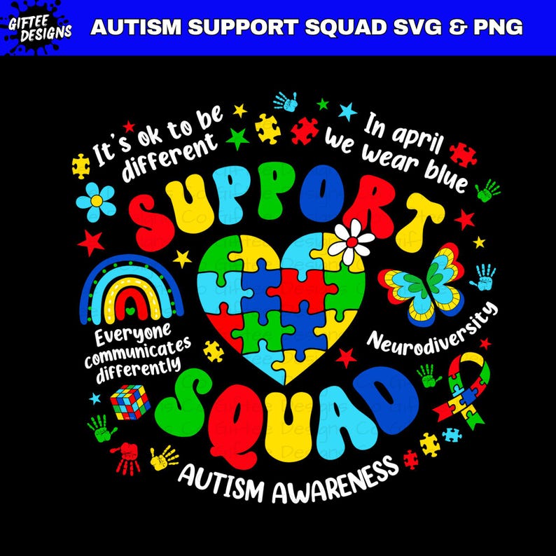 Autism Support Squad SVG PNG, Autism Awareness Shirt Design, Autism Teacher PNG, Neurodiversity Puzzle Heart, Autism Acceptance Month, image 1