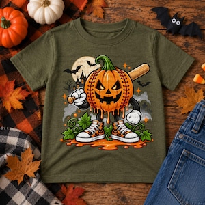 May include: An olive green t-shirt featuring a graphic of a jack-o'-lantern with baseball stitching, holding a wooden baseball bat. The character wears high-top sneakers and stands in a puddle of orange liquid, with a moon and bats behind.