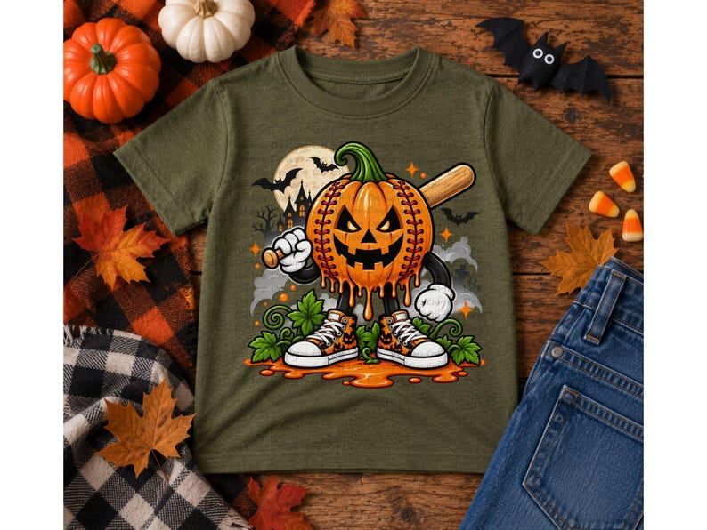 May include: An olive green t-shirt featuring a graphic of a jack-o'-lantern with baseball stitching, holding a wooden baseball bat. The character wears high-top sneakers and stands in a puddle of orange liquid, with a moon and bats behind.