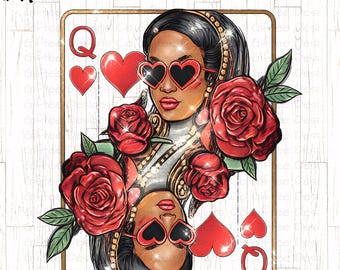 May include: A black queen of hearts playing card with a woman's face and red roses. The queen is wearing heart-shaped sunglasses and a crown.